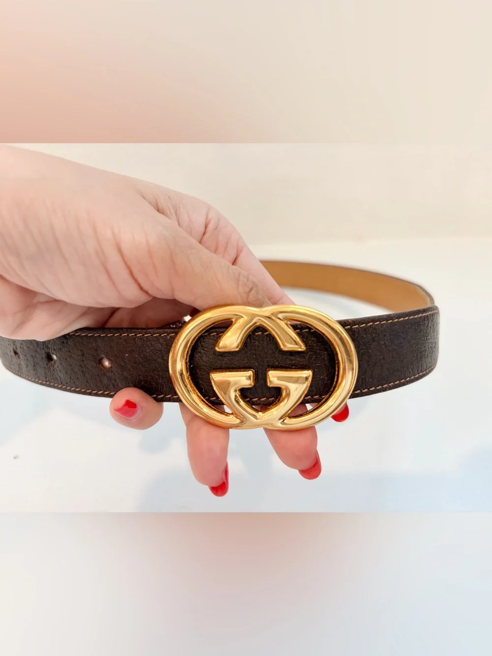 Auth Vintage Gucci GG Skinny Brown Leather Belt Gold Buckle 70/28